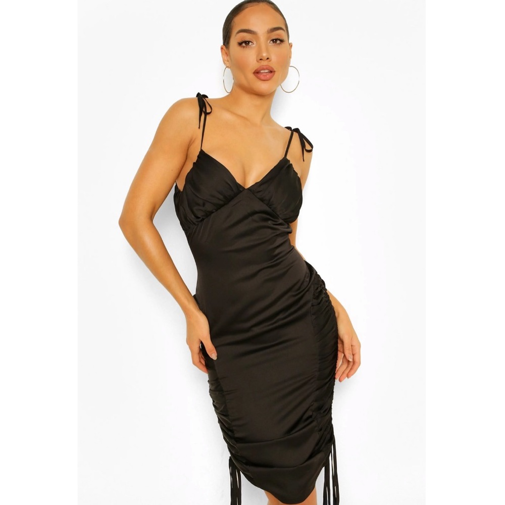 NWT Boohoo Black Satin Midi Slip Ruched Dress 12